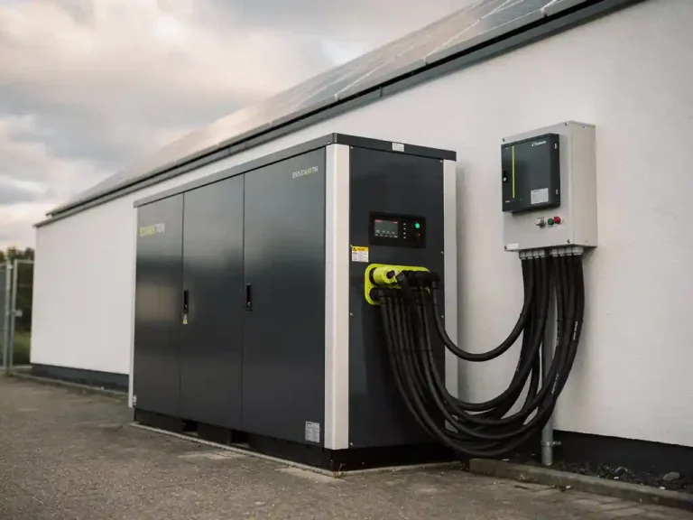 Industrieel batterijopslagsysteem naast commercieel elektriciteitspaneel met dikke stroomkabels en zonnepanelen op het dak.