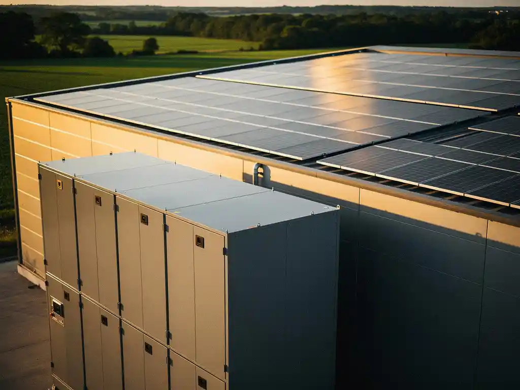 Industriële batterijopslag naast een magazijn met zonnepanelen, badend in warm middaglicht met groene velden op de achtergrond.