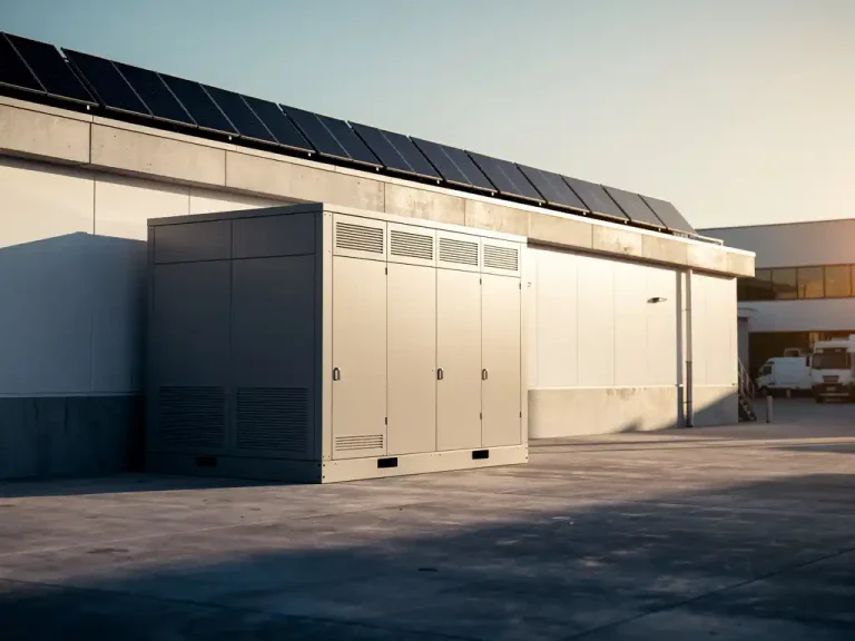 Industriële batterijopslag naast een modern magazijn met zonnepanelen op het dak, verlicht door warm middagzonlicht.