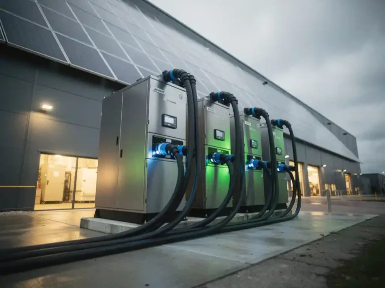 Industriële batterijopslagsystemen naast een moderne loods met zonnepanelen, dikke kabels geleiden energie het gebouw in onder bewolkte Nederlandse lucht.