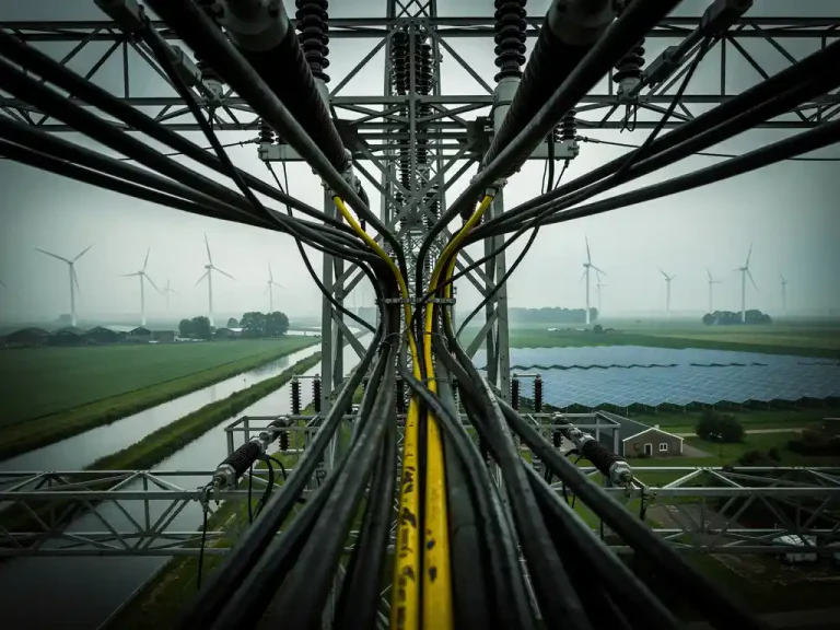 Overbelast elektriciteitsstation met dikke industriële kabels, windturbines en zonnepanelen in mistig agrarisch Nederlands landschap.