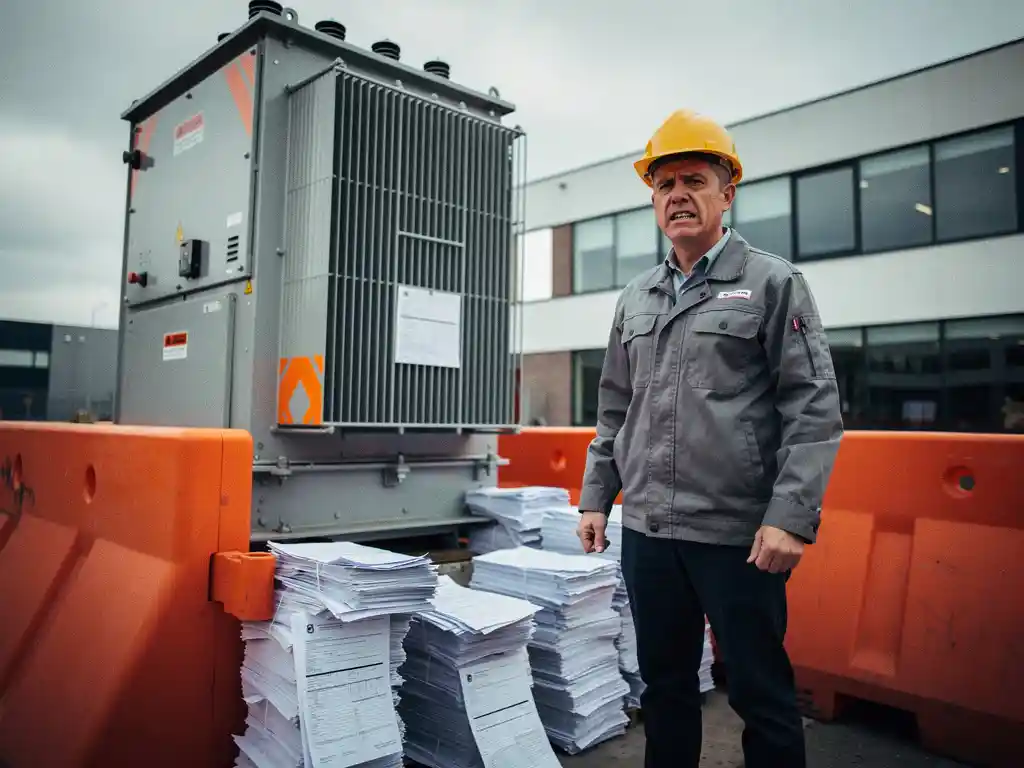 Gefrustreerde ondernemer met bouwhelm naast industriële elektrische transformator, omgeven door oranje barriers en stapels bureaucratische documenten.