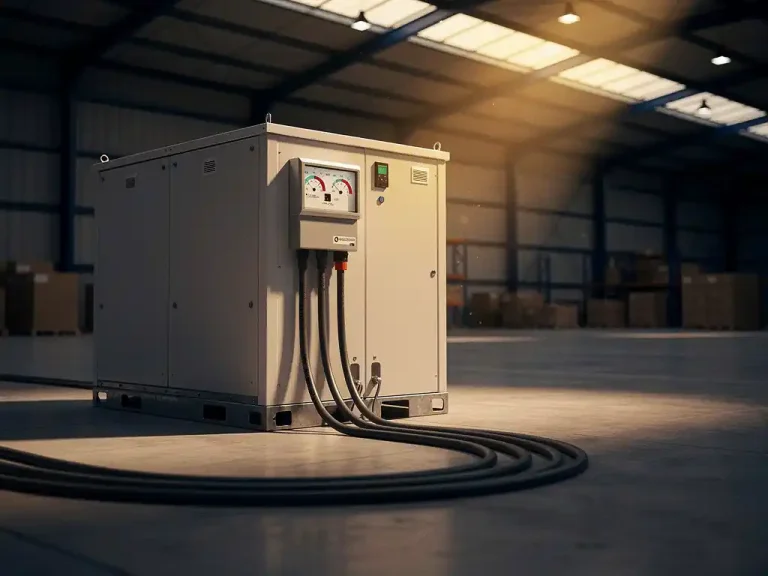 Industriële batterijopslag op betonnen vloer van logistieke hal, verbonden via stroomkabels met elektriciteitsmeter die verlaagde piekbelasting toont.