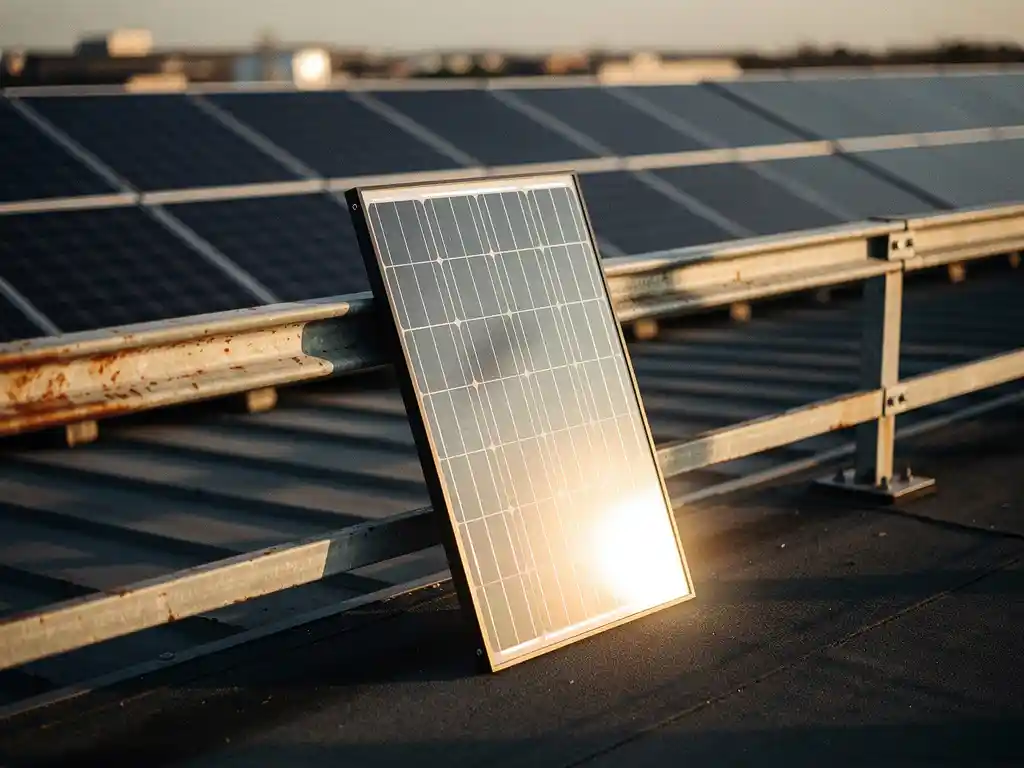 Perovskiet zonnepaneel tegen industriële dakrailing in middagzon, met traditionele siliciumzonnepanelen op de achtergrond.