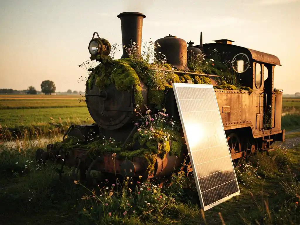 Verroest stoomlocomotief begroeid met mos en wilde bloemen, met een modern zonnepaneel ertegenaan in gouden middaglicht, Nederlands landschap.
