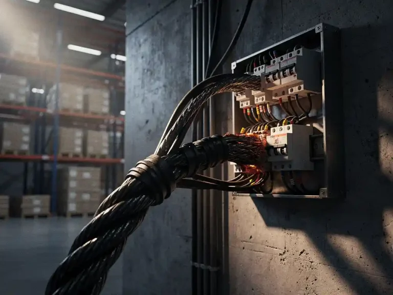 Gespannen industriële stroomkabel verbonden met overbelast elektrisch verdeelpaneel op betonnen magazijnmuur.