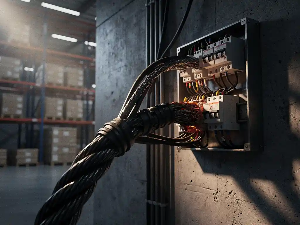 Gespannen industriële stroomkabel verbonden met overbelast elektrisch verdeelpaneel op betonnen magazijnmuur.