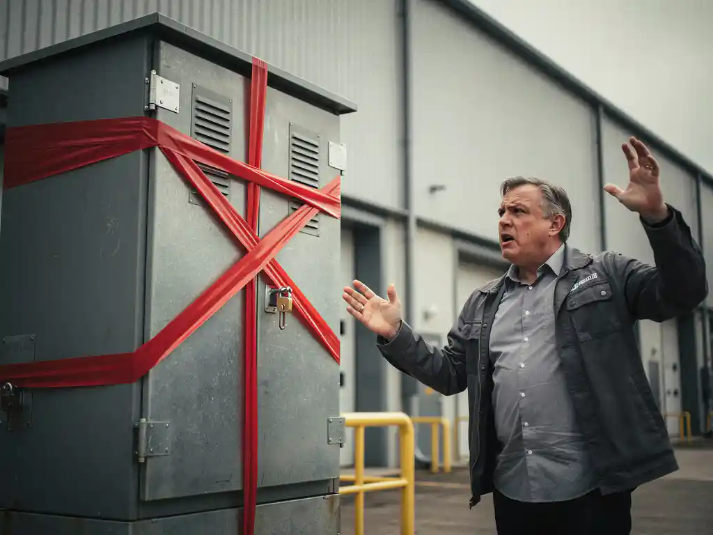 Gefrustreerde ondernemer voor vergrendelde elektrische verdeelkast met rode waarschuwingstape buiten industrieel magazijn.