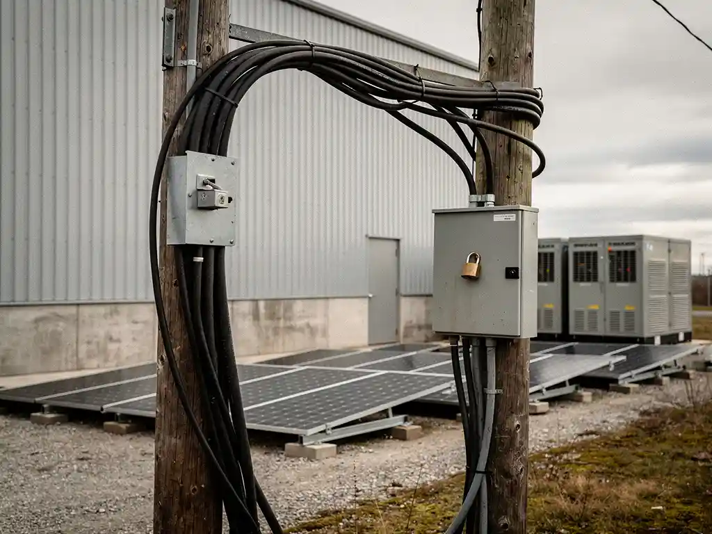 Industrieel magazijn met overbelaste elektriciteitspaal, vergrendeld schakelkast en ongebruikte zonnepanelen en batterijopslag op de achtergrond.