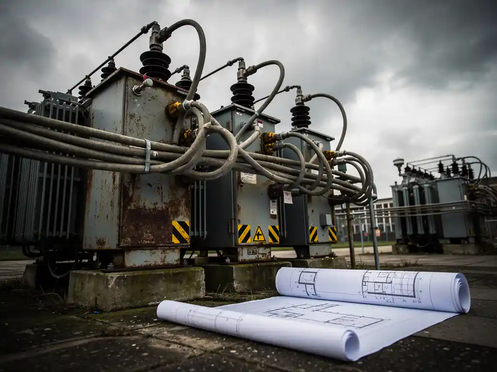 Verouderd industrieel transformatorstation met dikke kabelsbundels en een uitgerolde magazijnblauwdruk op de grond, bewolkte Nederlandse lucht.