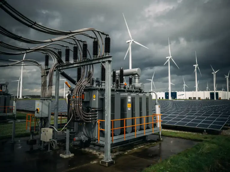 Overbelast elektriciteitsstation met dikke kabels en transformatoren, omringd door windturbines en zonnepanelen in een Nederlands polderlandschap.