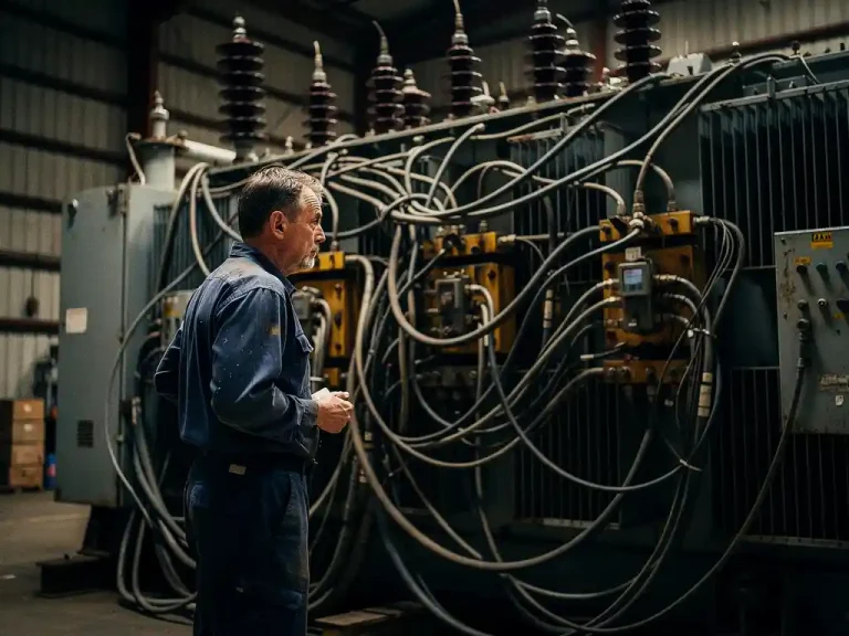Gefrustreerde ondernemer voor overbelast transformatorstation met verwarde kabels en volle aansluitkasten in industrieel magazijn.