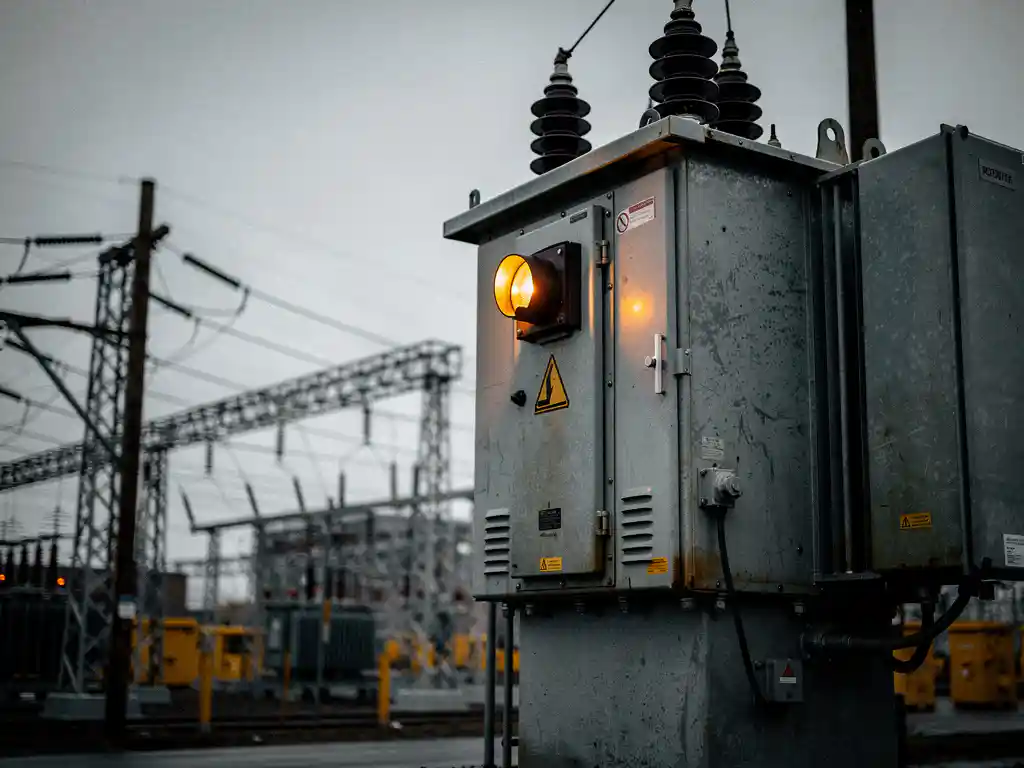 Industriële transformatorkast met gloeiende amberkleurige waarschuwingslichten onder bewolkte lucht, omgeven door doorzakkende hoogspanningslijnen.