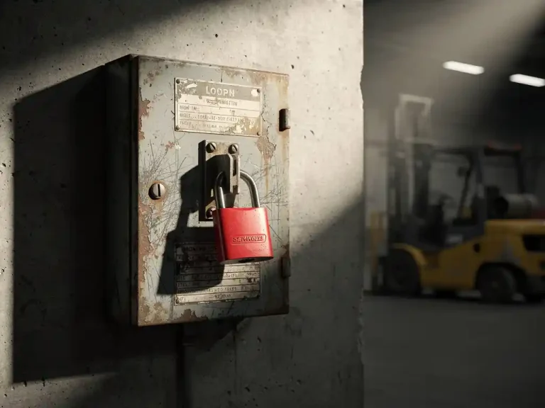 Verweerd industrieel schakelpaneel met rood hangslot op hoofdschakelaar, betonnen fabriekshal, heftruck op achtergrond.