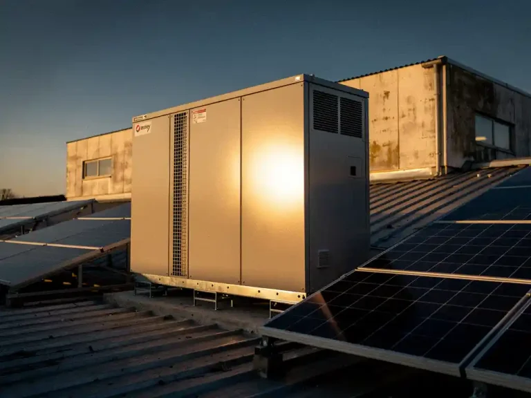 Industriële batterijopslag naast zonnepanelen op commercieel dak, goudkleurig middaglicht, Nederlandse agrarische loods op achtergrond.