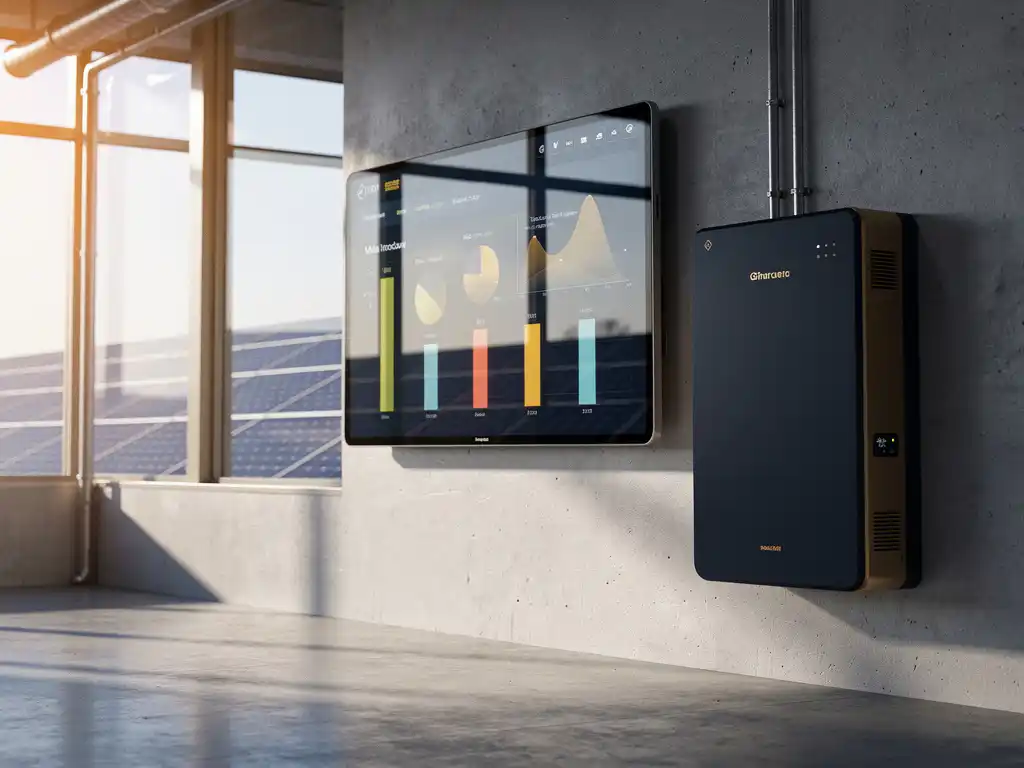 Industrieel energiebeheersysteem op fabriekssmuur met zonnepanelen en batterijopslag, warm middaglicht op betonnen vloer.