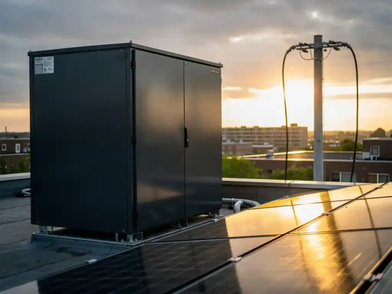 Industriële batterijopslag naast zonnepanelen op Nederlands commercieel dak, dikke stroomkabels loskoppelend van het elektriciteitsnet.