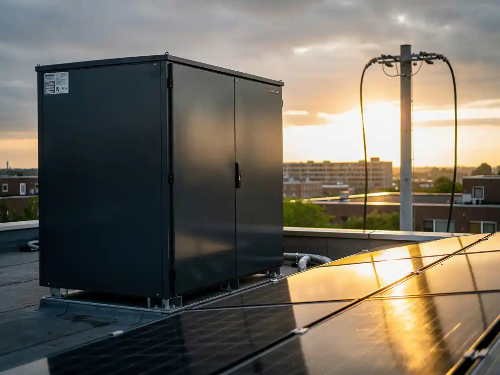 Industriële batterijopslag naast zonnepanelen op Nederlands commercieel dak, dikke stroomkabels loskoppelend van het elektriciteitsnet.