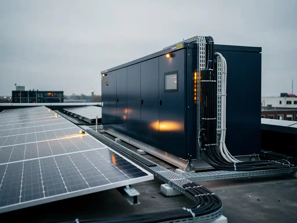 Industrieel batterijopslagsysteem naast zonnepanelen op Nederlands commercieel dak met georganiseerde stroomkabels onder bewolkte lucht.