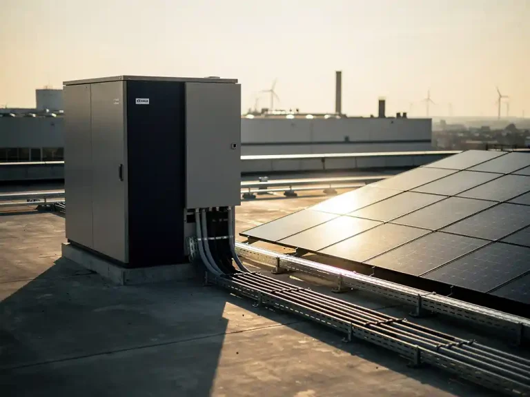 Industriële batterijopslag naast zonnepanelen op een commercieel dak in Nederland, verbonden met stroomkabels in warm middaglicht.