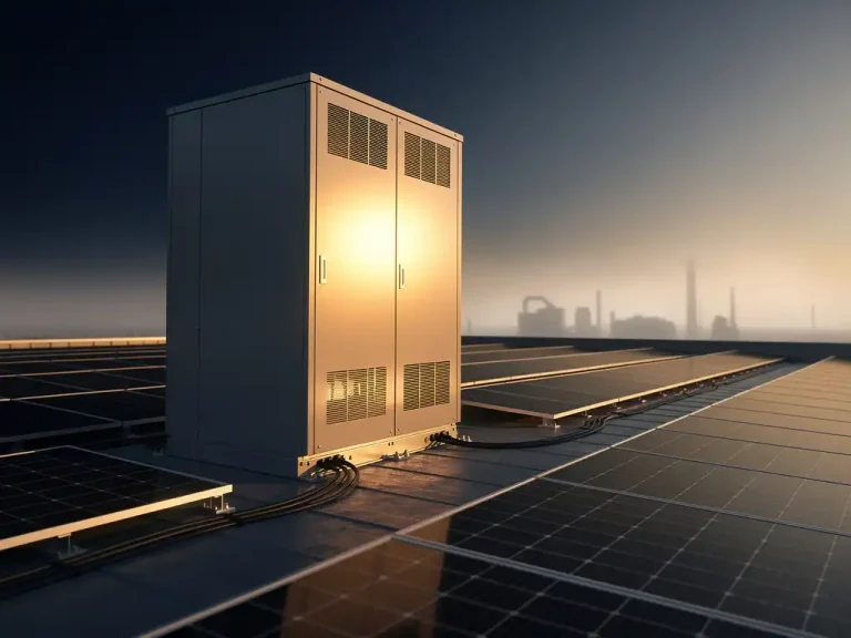 Industrieel batterijopslagsysteem naast zonnepanelen op plat magazijndak in warm middaglicht.