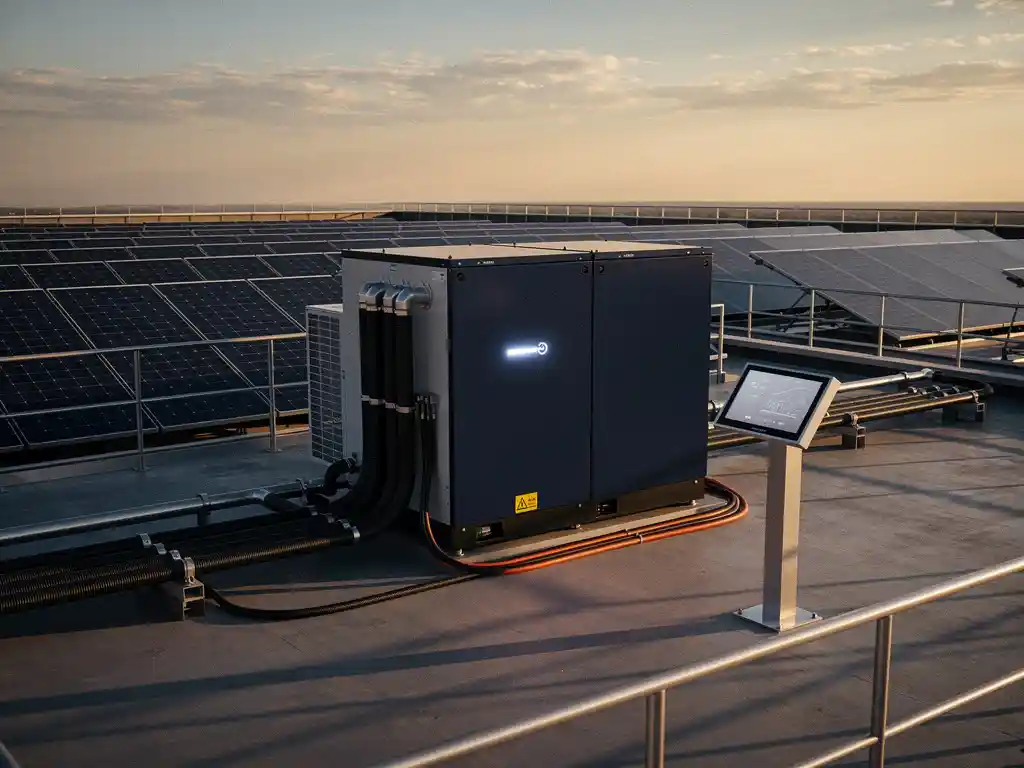 Industrieel batterijopslagsysteem gekoppeld aan zonnepanelen op magazijndak, met oplaadindicator en slim bedieningspaneel in gouden middaglicht.