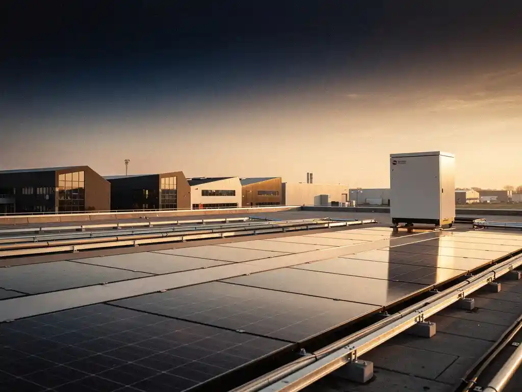 Industrieel dak met zonnepanelen en compacte batterijopslag boven Nederlands bedrijventerrein tijdens gouden uur.