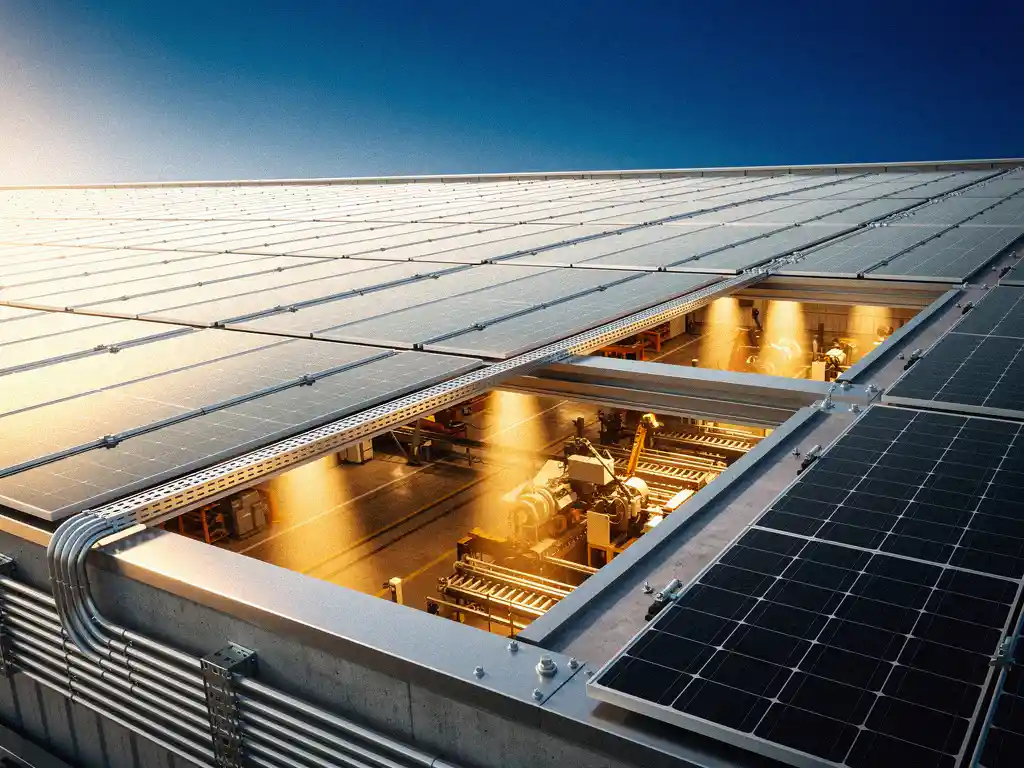 Commercieel dak met zonnepanelen in felle middagzon, met elektrische leidingen naar een actieve fabriekshal beneden.