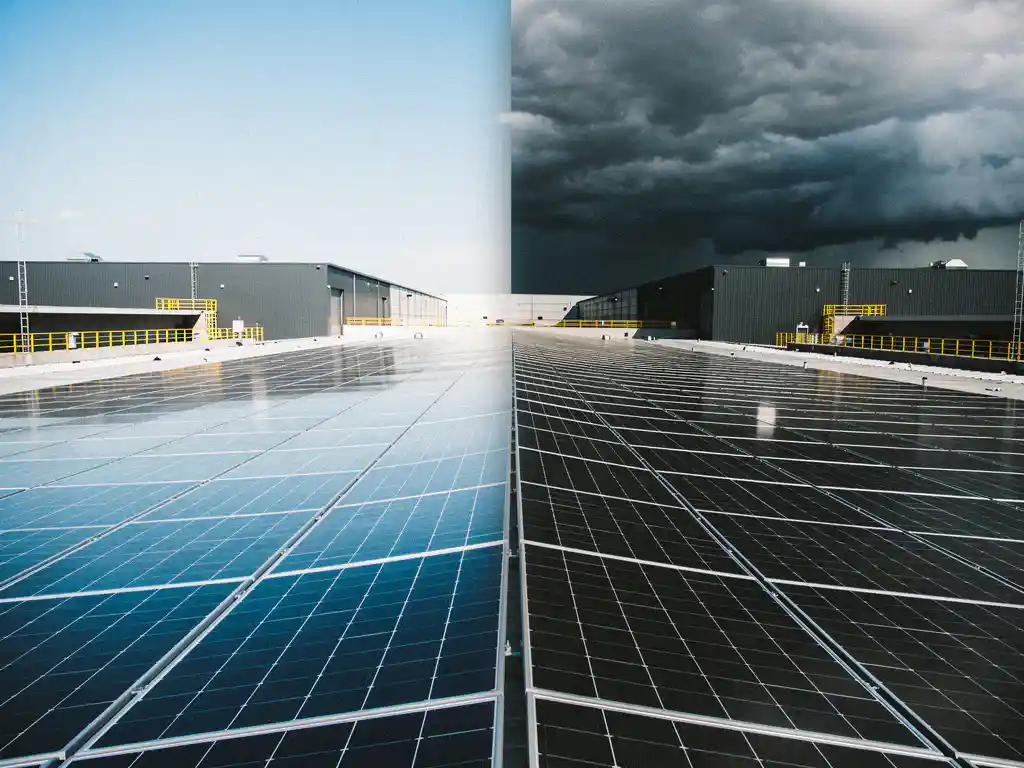 Commercieel magazijndak vol zonnepanelen onder felle middagzon met opkomende onweerswolken die ongelijke schaduwen werpen.