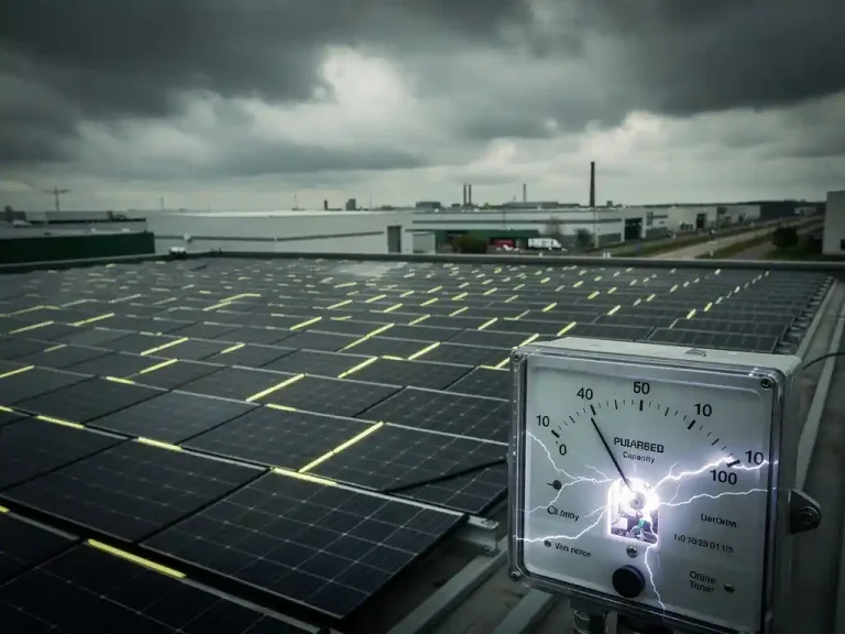 Commercieel dak vol zonnepanelen op een Nederlands industrieterrein, met elektriciteit die zichtbaar naar een volledig belaste netstroom-meter boogt.
