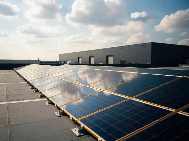 Tien zonnepanelen op commercieel dak met bewolkte Nederlandse lucht en industrieel magazijn op de achtergrond.