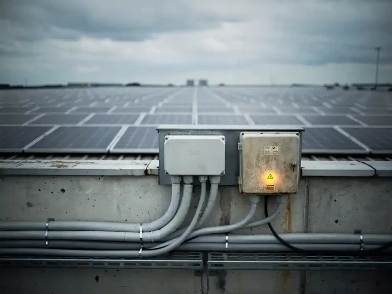 Industrieel zonnepanelensysteem op commercieel dak met stroomkabels naar een netaansluitkast, oranje waarschuwingslamp op het meterpaneel, bewolkte lucht.