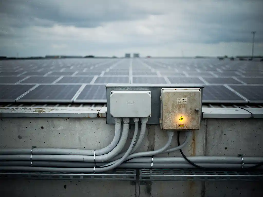Industrieel zonnepanelensysteem op commercieel dak met stroomkabels naar een netaansluitkast, oranje waarschuwingslamp op het meterpaneel, bewolkte lucht.