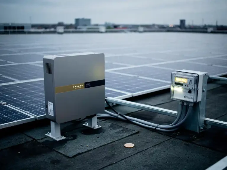 Commercieel zonnepanelensysteem op industrieel dak met energiemeter en munt naast omvormer, bewolkte Nederlandse lucht.