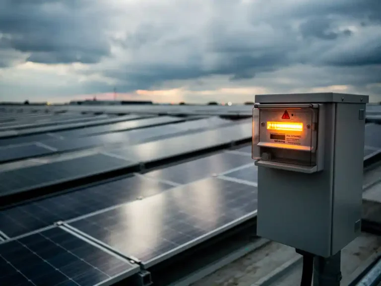 Commerciële zonnepanelen op industrieel dak met gloeiend amber waarschuwingslicht op elektriciteitsmeter onder bewolkte Nederlandse lucht.