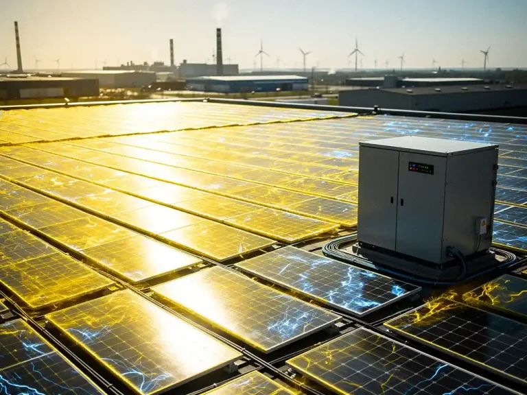 Commercieel dak vol zonnepanelen in felle middagzon met industriële batterijopslag en Nederlandse skyline op de achtergrond.
