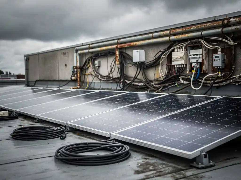 Nieuwe zonnepanelen op plat commercieel dak met loshangende kabels, naast overbelaste elektrische infrastructuur op de gevel, bewolkte Nederlandse lucht.