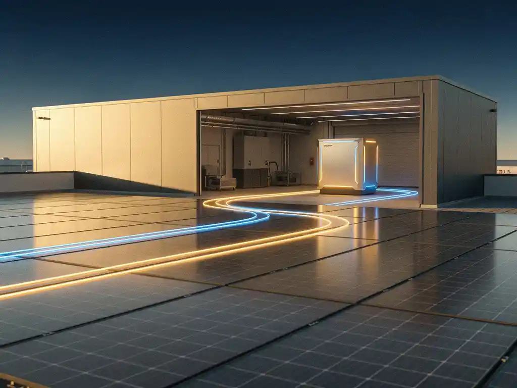 Commercieel dak met zonnepanelen onder heldere Nederlandse lucht, kabels leiden naar een batterijopslagsysteem in een modern industrieel gebouw.