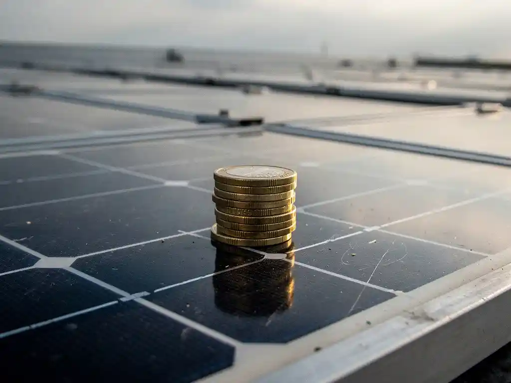 Stapel euromunten op commerciële zonnepanelen op industrieel dak, met bewolkte Nederlandse lucht op de achtergrond.