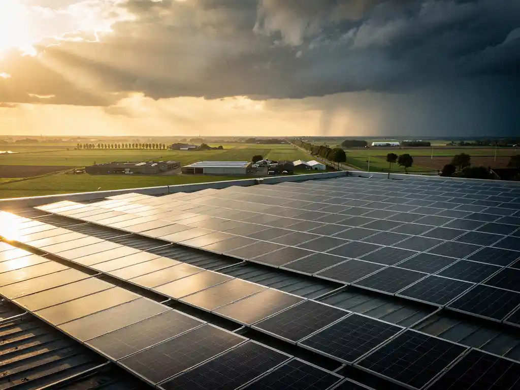 Zonnepanelen op industrieel plat dak, deels in goudgeel zonlicht en deels in schaduw, met Nederlands agrarisch landschap op de achtergrond.