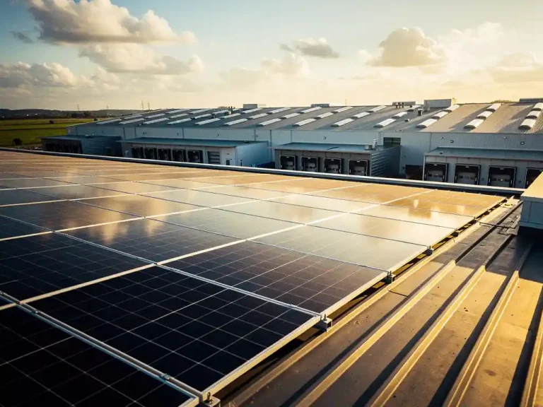 Zonnepanelen op industrieel dak van logistiek magazijn onder bewolkte Nederlandse lucht, scherpe schaduwen in helder ochtendlicht.