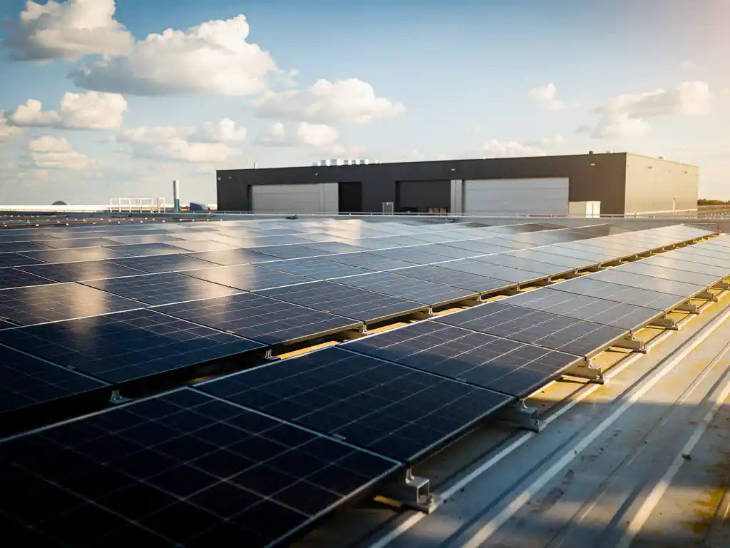 Commercieel zonnepanelensysteem op plat industrieel dak van een modern magazijn onder heldere Nederlandse middagzon.