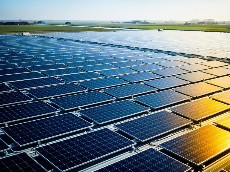 Uitgestrekt industrieel dak met rijen donkerblauwe zonnepanelen in Nederlands polderlandschap onder felle middagzon.