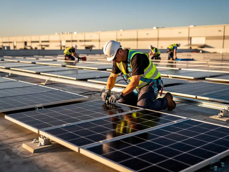 Installateur in veiligheidsuitrusting monteert zonnepanelen op commercieel dak met industrieel magazijn op achtergrond.