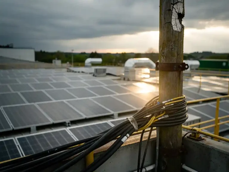 Industrieel magazijndak met zonnepanelen, op de voorgrond een verweerde nutsmast met overbelaste stroomkabels onder bewolkte lucht.