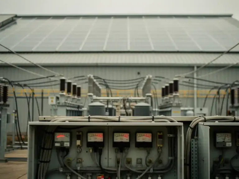 Industrieel magazijn met zonnepanelen op het dak, elektrische schakelkast op de voorgrond en overbelast elektriciteitsnet op de achtergrond.
