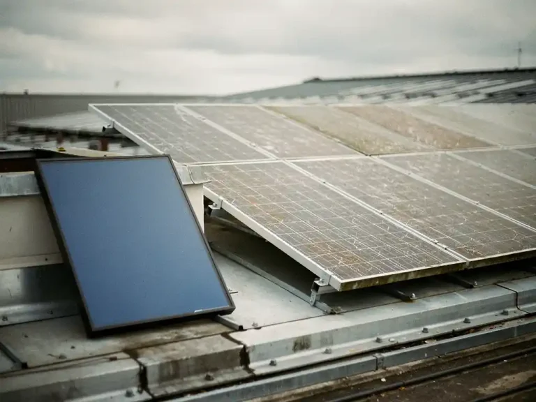 Verouderd zonnepanelensysteem op industrieel dak met verkleuringen en microbarsten, naast een nieuw vervangingspaneel onder bewolkte Nederlandse lucht.