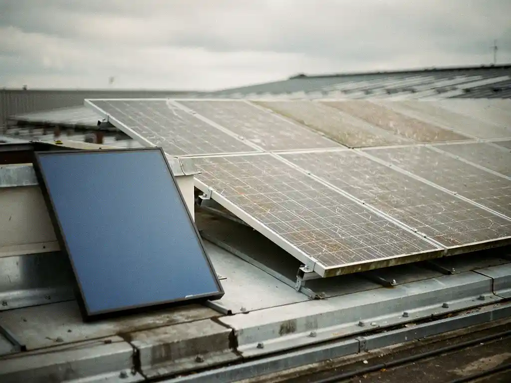 Verouderd zonnepanelensysteem op industrieel dak met verkleuringen en microbarsten, naast een nieuw vervangingspaneel onder bewolkte Nederlandse lucht.
