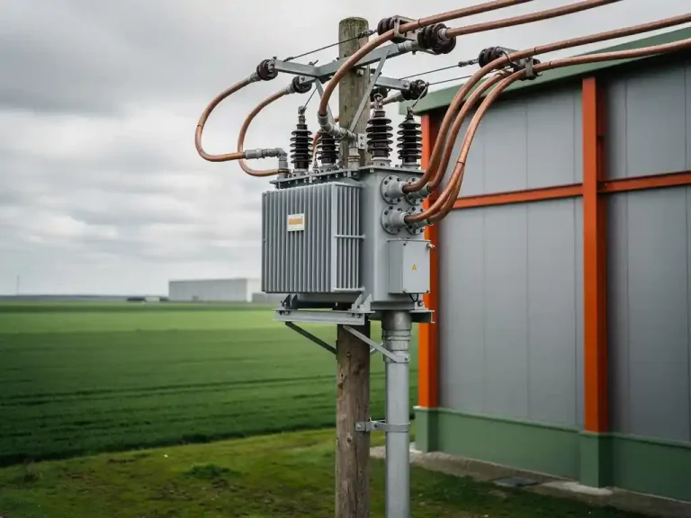 Elektrische transformator op nutsbedrijfpaal naast industrieel magazijn, met koperen kabels en een enkele conduit, bewolkte Nederlandse lucht.