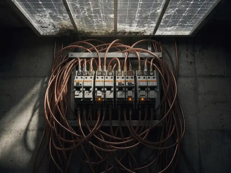 Industrieel elektrisch paneel met overbelaste zekeringen en dikke koperen kabels op een betonnen magazijnmuur, zonnepanelen zichtbaar door dakraam.